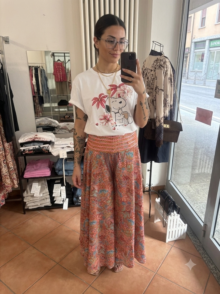 Pantalone Palazzo Boho-Chic con Stampa Paisley e Vita Decor